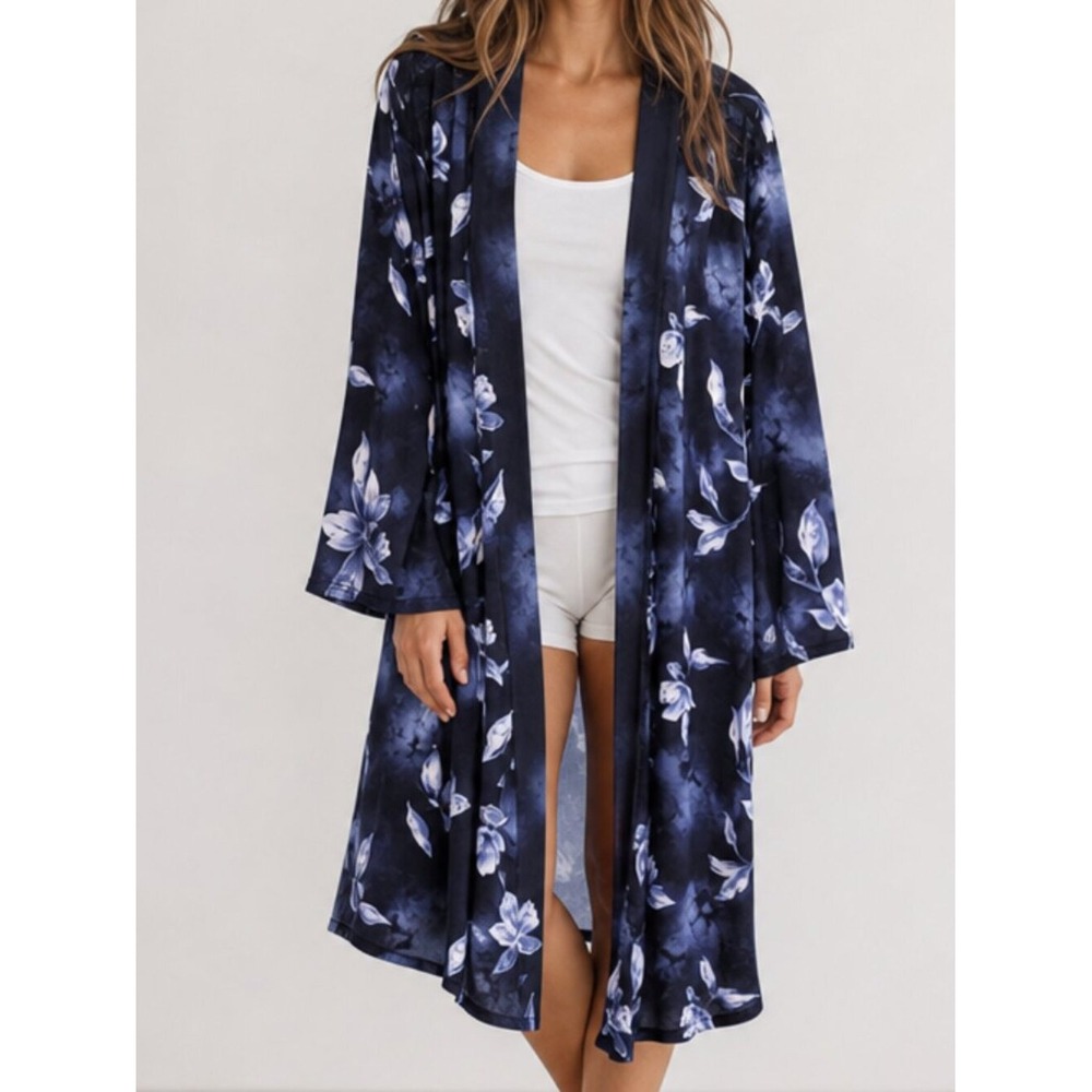 Tahari Moody Botanical Comfy Soft Blue Floral Robe Kimono No Tie Large